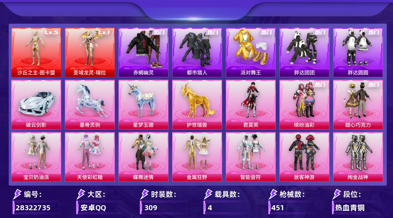 [28322735]安卓手Q-历史最高段位：卓越王牌20星-2神装-28粉装-36特效枪-4载具-14粉色飞行器-162227热力值-22王牌印记-309套装-451枪皮
【红色神装等级】：圣域龙灵-瑞拉(一级)，沙丘之主-图卡盟(五级)
【红色角色神装】：圣域龙灵-瑞拉，沙丘之主-图卡盟
【热门品类】：粉装-缤纷油彩，套装-浪漫天命，套装-赤蝎幽灵，套装-都市猎人，套装-派对舞王，套装-小丑鱼，套装-胖达团团，套装-胖达圆圆，套装-忍者信条，套装-龟仙人，套装-暗影哥特，角色-8号机，角色-Mark.06，套装-红熊茄茄
【粉色套装】：粉装-甜心巧克力，粉装-宝贝奶油派，粉装-天使彩虹糖，粉装-蝶舞迷情，粉装-金属狂野，粉装-智能音符，粉装-缤纷油彩，粉装-放客神游，粉装-绚金战神，粉装-星之彼岸，粉装-彩虹鹿灵，角色-洛天依，粉装-岚岚物语，粉装-紫电风暴，粉装-第五大道，角色-小可学妹，角色-猩猩队长，粉装-炫光之旅，角色-水仙星，角色-万古烈焰，角色-宙之时溯，角色-星云暗核，粉装-莲影清波，套装-创世·救赎，角色-千金淑猫，角色-智耀战神，粉装-幻彩电音，角色-君莫笑
【粉色枪皮等级】：AKM-绿萝繁花(五级)，AKM-幽焰骑士(三级)，SCAR-L-纯梦嫁纱(五级)，SCAR-L-锦绣绵绵(五级)，SCAR-L-金蛇镇世(三级)，SCAR-L-云端童话(二级)，M416-五爪金龙(一级)，M416-至情至圣(七级)，M416-电玩时刻(五级)，GROZA-镜光银凌(五级)，AUG-星之彼岸(四级)，AUG-南国舞曲(一级)，AUG-星梦奇缘(三级)，AUG-暖羊咩咩(五级)，M762-青锋波束(五级)，AC-VAL-君莫笑(四级)，蜜獾-奇幻森林(五级)，UMP45-相思残雪(五级)，UMP45-量子极限(五级)，汤姆逊-玉魄流云(五级)，AKS-74U-星穹咏叹调(四级)，AKS-74U-森灵之息(五级)，P90-粉樱探戈(五级)，Kar98K-巳巳如意(五级)，Kar98K-圣域龙灵(三级)，Mk14-盛世惊鸿(三级)，Mk14-福马献瑞(二级)，AA12-G-萌骑幻想(五级)，AA12-G-其乐融融(五级)，DP-28-圣堂之誓(四级)，DP-28-豹影疾电(五级)，MG3-梦幻舞会(四级)，PKM-守护天翼(四级)，平底锅-仲夏莫吉托(六级)，烟雾弹-日月星辰(四