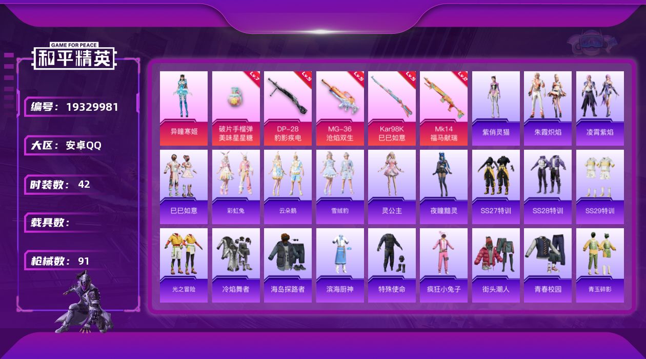 和平精英账号安卓QQ[19329981]安卓 手Q-1粉装-5特效枪-0载具-1粉色飞行器-22855热力值-2王牌印记-42套装-91枪皮
【粉色套装】：角色-异瞳寒姬
【粉色枪皮等级】：Kar98K-巳巳如意(五级)