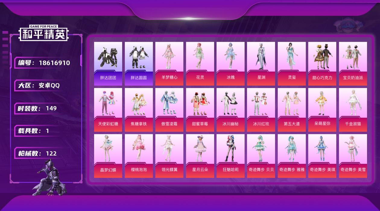 和平精英账号安卓QQ[18616910]女号！安卓 手Q-1神装-29粉装-8特效枪-1载具-5粉色飞行器-51821热力值-4王牌印记-149套装-122枪皮
【红色神装等级】：暮色玫影-艾丽娅(二级)
【红色角色神装
