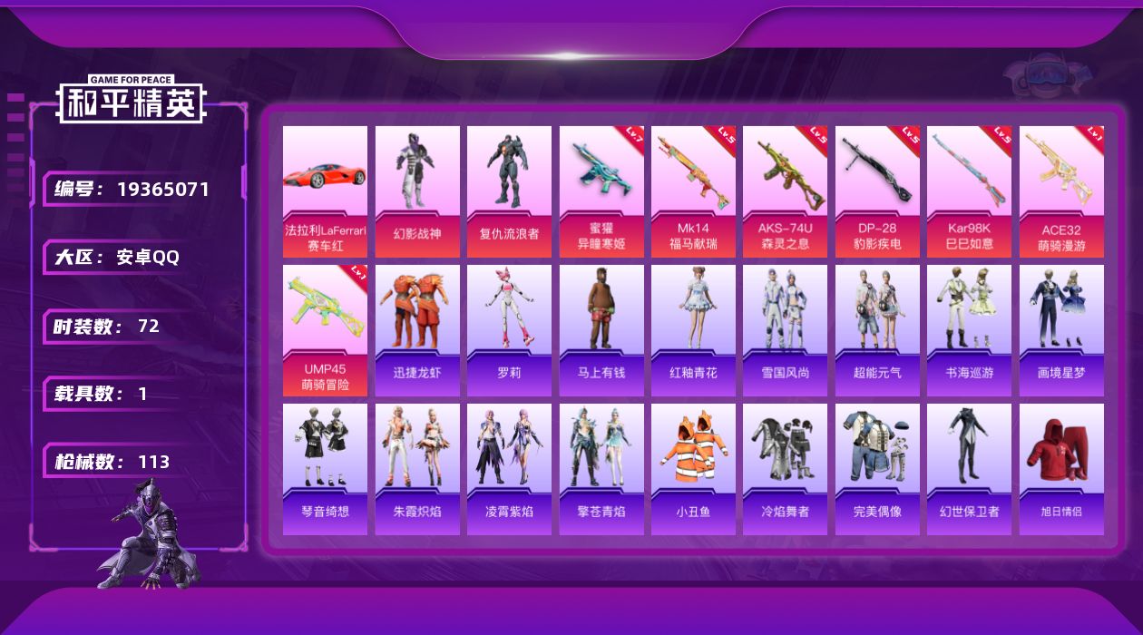 和平精英账号安卓QQ[19365071]安卓 手Q-2粉装-7特效枪-1载具-1粉色飞行器-28496热力值-6王牌印记-72套装-113枪皮
【热门品类】：套装-小丑鱼
【粉色套装】：粉装-幻影战神，角色-复仇流浪者

