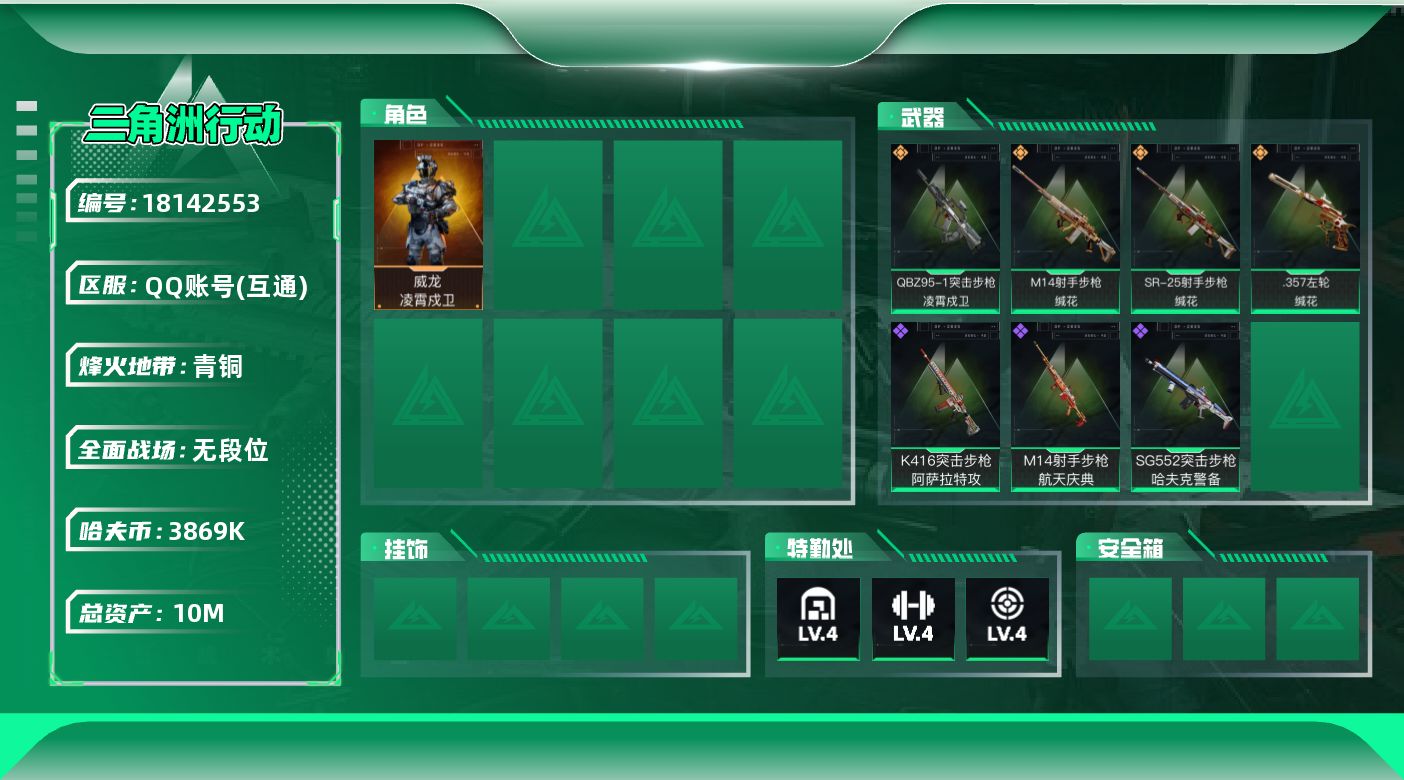 三角洲行动账号QQ10m总资产-3869k哈夫币-12烽火等级-青铜-1战场等级-无军衔
【干员外观】：威龙-凌霄戍卫
【近战皮肤】：近战-黑鹰
【传说外观】：QBZ95-1突击步枪-凌霄戍卫，M14射手步枪-缄花，S