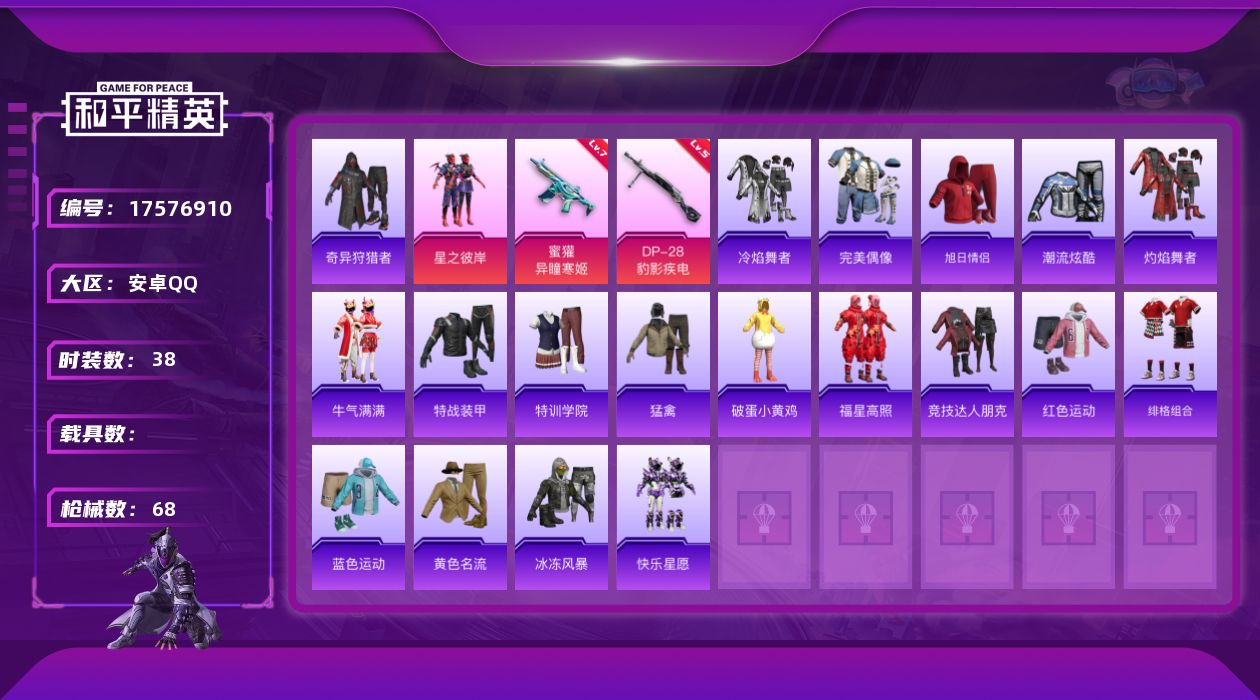 和平精英账号安卓QQ[17576910]安卓 手Q-1粉装-4特效枪-0载具-1粉色飞行器-17635热力值-2王牌印记-38套装-68枪皮
【热门品类】：套装-奇异狩猎者
【粉色套装】：粉装-星之彼岸
【粉色枪皮等级】