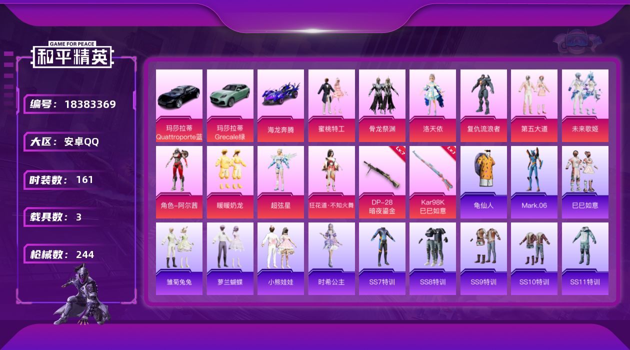 和平精英账号安卓QQDAS1108 可二次  安卓Q-3载具10粉装2特效枪8热门161套装244枪皮 85828热力值