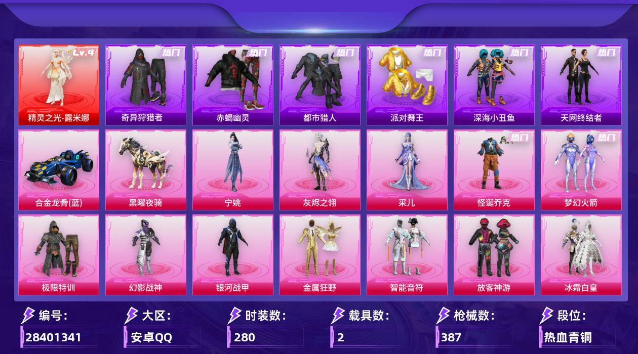 [28401341]安卓手Q-历史最高段位：无敌战神-1神装-22粉装-28特效枪-2载具-19粉色飞行器-146567热力值-20王牌印记-280套装-387枪皮
【红色神装等级】：精灵之光-露米娜(四级)
【红色角色神装】：精灵之光-露米娜
【热门品类】：粉装-怪诞乔克，粉装-梦幻火箭，套装-浪漫天命，套装-赤蝎幽灵，套装-都市猎人，套装-派对舞王，套装-深海小丑鱼，套装-小丑鱼，套装-奇异狩猎者，角色-军刀雅典娜，套装-天网终结者，套装-暗夜之虎，套装-龟仙人，套装-潮萌小黄鸭，套装-暗影哥特，角色-Mark.06，熔岩游骑兵连帽夹克
【粉色套装】：角色-灰烬之翎，粉装-极限特训，粉装-幻影战神，粉装-怪诞乔克，粉装-银河战甲，粉装-梦幻火箭，粉装-金属狂野，粉装-智能音符，粉装-放客神游，粉装-冰霜白皇，粉装-炙焰红王，角色-复仇流浪者，粉装-旋转彩虹，角色-圣堂之誓，粉装-蜜语绒猫，角色-狂花道·不知火舞，粉装-幻影飞狐，粉装-星穹咏叹调，角色-荧海星豚，角色-采儿，角色-宁姚，人物-洛天依·龙灵
【粉色枪皮等级】：轻型迫击炮-酷夏轰炸(二级)，AKM-盖世英雄(八级)，AKM-绿萝繁花(五级)，SCAR-L-锦绣绵绵(五级)，SCAR-L-云端童话(五级)，M416-心之恋语(七级)，GROZA-旋转彩虹(六级)，AUG-星之彼岸(五级)，UMP45-萌骑冒险(五级)，Vector-环太平洋(五级)，汤姆逊-热量炸弹(五级)，汤姆逊-玉魄流云(五级)，AKS-74U-森灵之息(五级)，Kar98K-巳巳如意(五级)，M24-镜域双华(三级)，Mk14-甜梦熊击(五级)，Mk14-福马献瑞(五级)，M417-灰烬之翎(一级)，DBS-幻影飞狐(四级)，AA12-G-其乐融融(五级)，DP-28-千金淑猫(五级)，DP-28-豹影疾电(五级)，MG3-酷泡奶龙(五级)，MG-36-沧焰双生(五级)，信号枪-金乌曜日(六级)，平底锅-喜羊羊与灰太狼(六级)，破片手榴弹-热量炸弹(七级)
【粉色载具】：合金龙骨（蓝），僚机-萌兔起飞，黑曜夜骑
【粉色枪皮】：轻型迫击炮-酷夏轰炸，AKM-盖世英雄，AKM-绿萝繁花，SCAR-L-锦绣绵绵，SCAR-L-云端童话，M416-心之恋语，GROZA-旋转彩虹，AUG-星之彼岸，UMP45-萌骑冒险，Vector-环太平洋，汤姆逊-热量炸