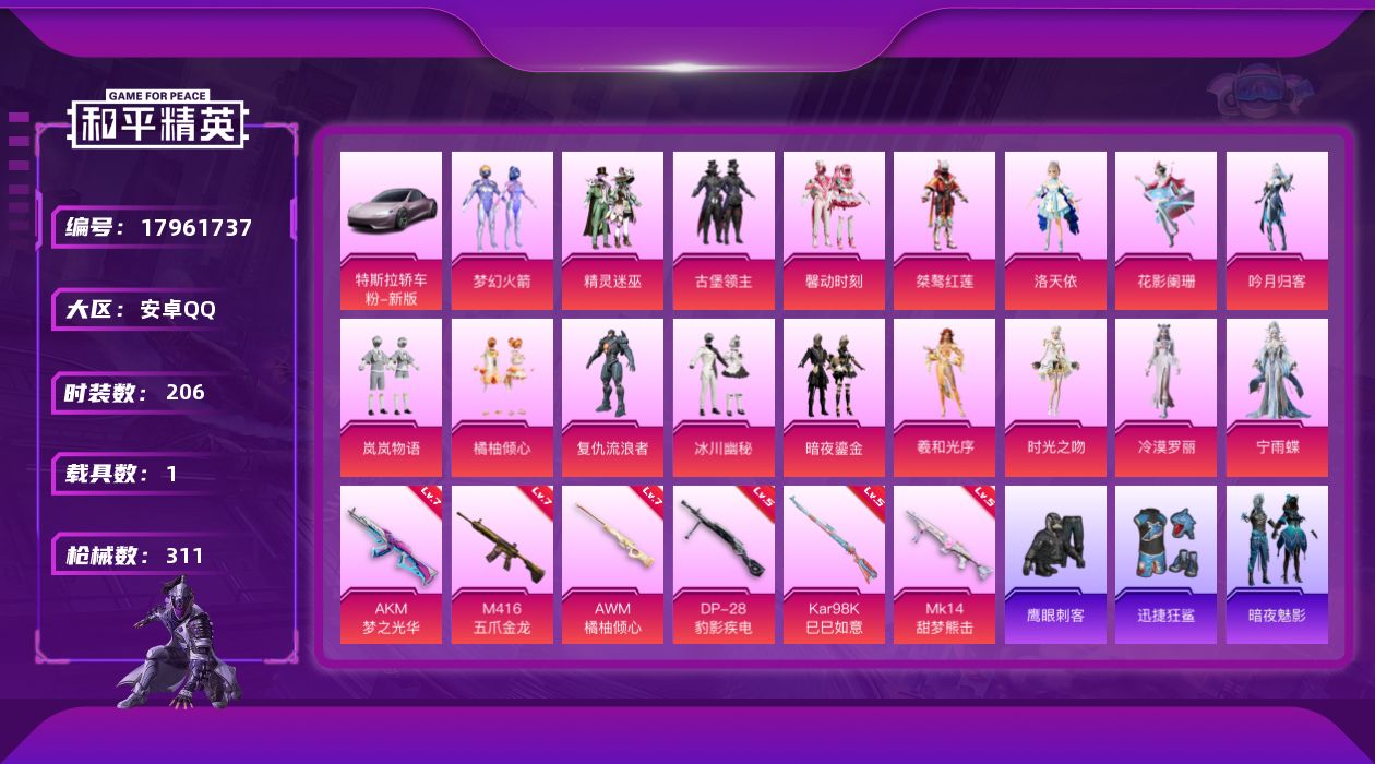 和平精英账号安卓QQ[17961737]安卓 手Q-17粉装-6特效枪-1载具-5粉色飞行器-99957热力值-11王牌印记-206套装-311枪皮
【热门品类】：粉装-梦幻火箭，套装-浪漫天命，旭日初心兜帽大衣，套装-