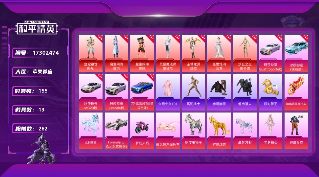 和平精英账号苹果微信[17302474]【特价出售/店主推荐】 【连体苹果 微信王者荣耀681皮肤130传说7典藏12无双】 苹果 微信-7神装-30粉装-39特效枪-13载具-21粉色飞行器-148208热力值-8王牌
