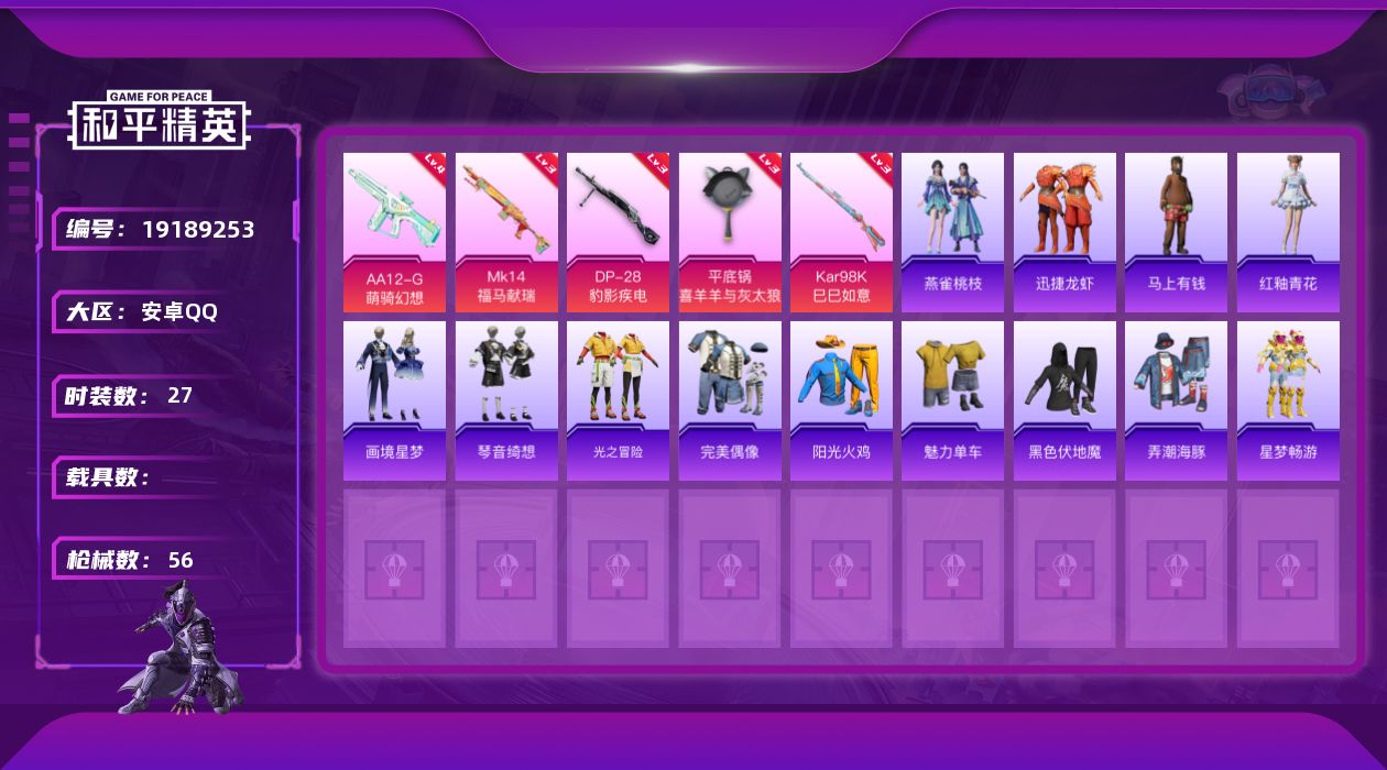 和平精英账号安卓QQ[19189253]安卓 手Q-0粉装-5特效枪-0载具-1粉色飞行器-13054热力值-1王牌印记-27套装-56枪皮
【粉色枪皮等级】：Kar98K-巳巳如意(三级)，Mk14-福马献瑞(三级)，