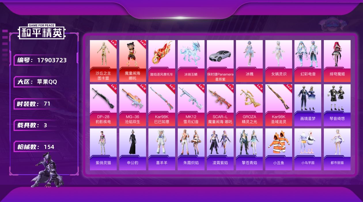 和平精英账号苹果QQ[17903723]可二次【特价出售/店主推荐】/绝世印记1 苹果 手Q-2神装-5粉装-10特效枪-3载具-11粉色飞行器-49397热力值-7王牌印记-71套装-154枪皮【红色神装等级】：魔童闹
