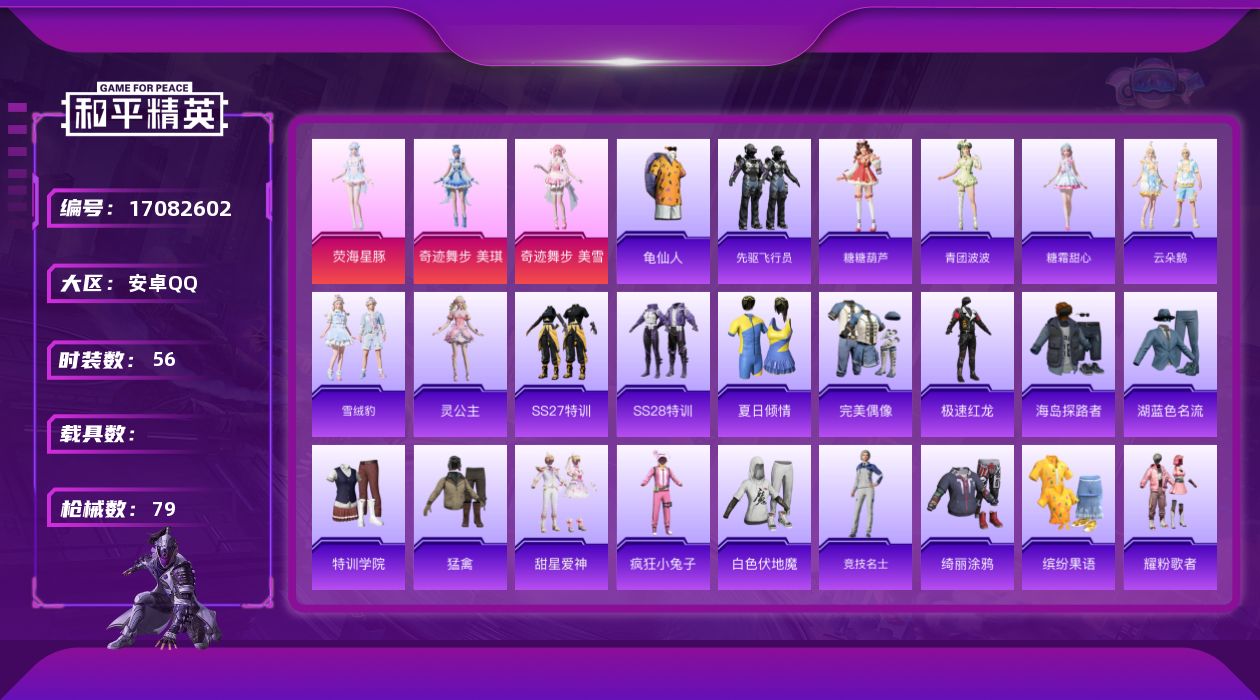 和平精英账号安卓QQ[17082602]【804】安卓 手Q-3粉装-0特效枪-0载具-2粉色飞行器-20316热力值-3王牌印记-56套装-79枪皮
【热门品类】：套装-龟仙人
【粉色套装】：角色-荧海星豚，角色-奇迹