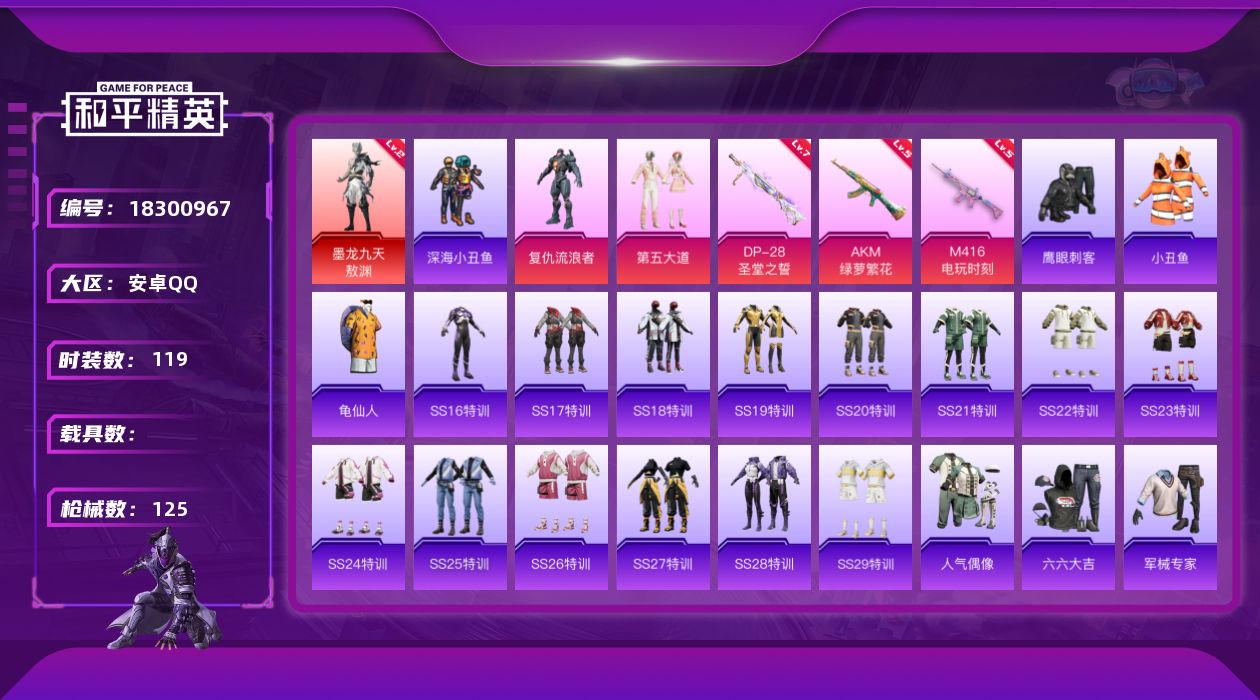 和平精英账号安卓QQ[18300967]【特价出售/店主推荐】安卓 手Q-1神装-2粉装-3特效枪-0载具-1粉色飞行器-37361热力值-11王牌印记-119套装-125枪皮
【红色神装等级】：墨龙九天-敖渊(二级)
