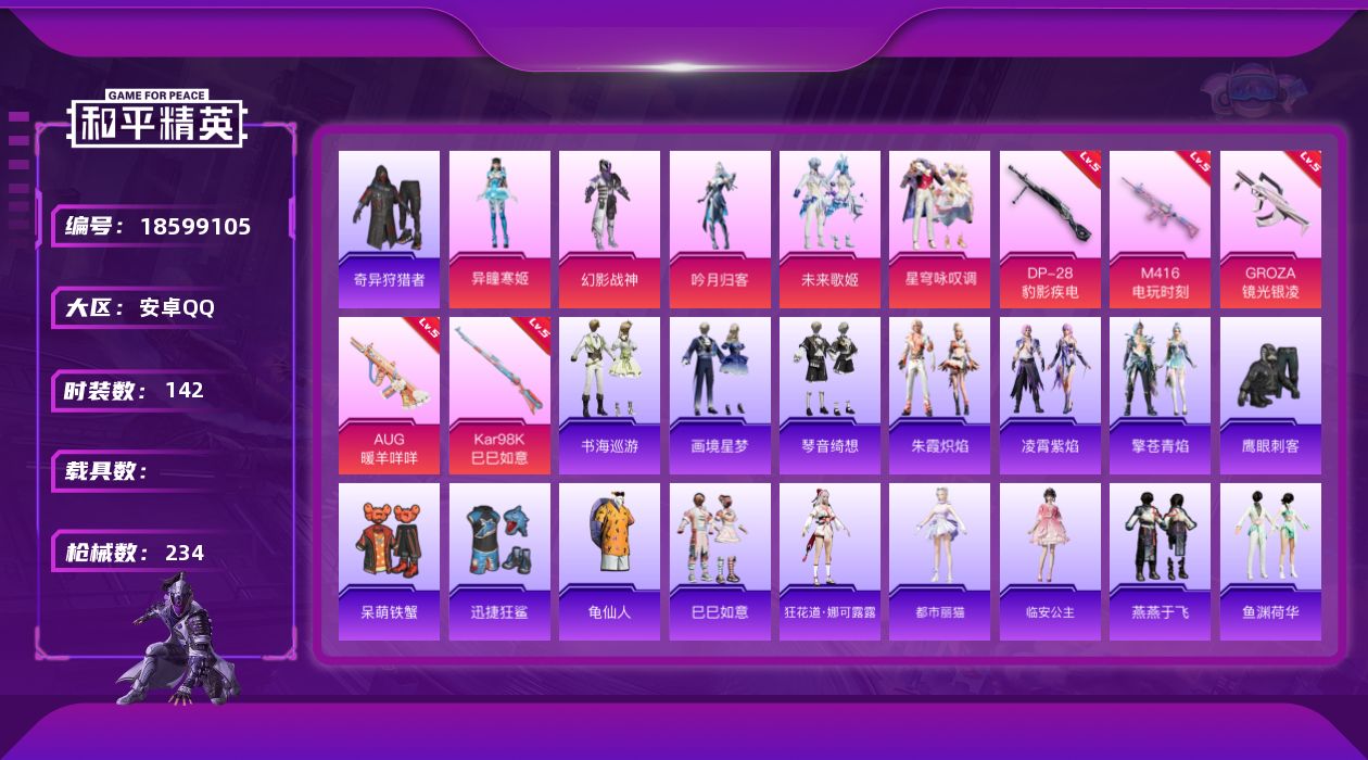 和平精英账号安卓QQ[18599105]安卓 手Q-5粉装-10特效枪-0载具-1粉色飞行器-66017热力值-15王牌印记-142套装-234枪皮
【热门品类】：套装-奇异狩猎者，套装-龟仙人
【粉色套装】：粉装-幻影