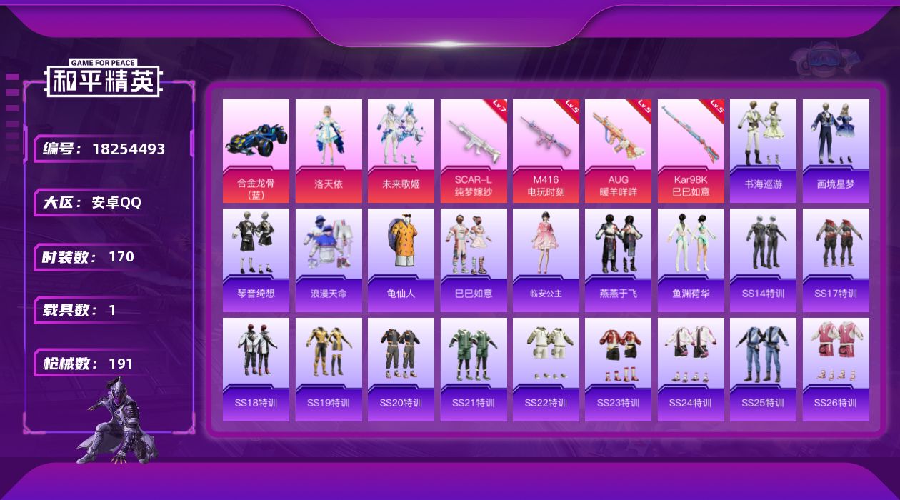 和平精英账号安卓QQ[18254493]安卓 手Q-3粉装-7特效枪-1载具-2粉色飞行器-62449热力值-14王牌印记-170套装-191枪皮
【热门品类】：套装-浪漫天命，套装-龟仙人
【粉色套装】：角色-洛天依，