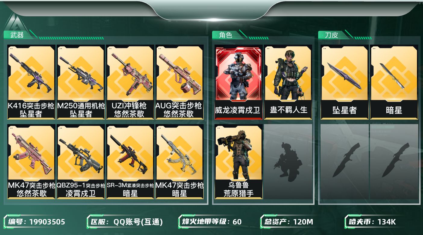 三角洲行动账号QQ总资产120M/哈夫币13万/传说近战数2/干员外观数3/传说枪皮数11/战场等级3/行动等级60/安全箱等时效性道具以游戏内数据为准，详情请看图/威龙-凌霄戍卫/乌鲁鲁-荒原猎手/蛊-不羁人生/近战