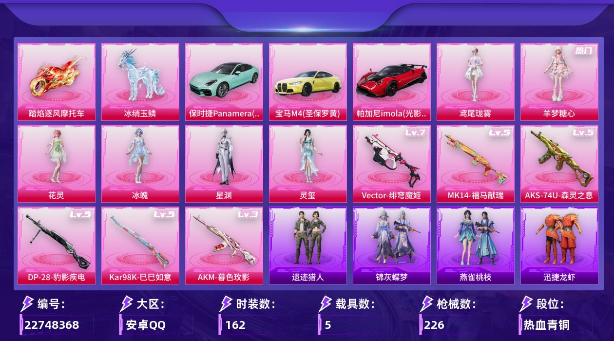 和平精英账号安卓QQ"XY2062 包人脸  安卓Q-5载具6粉装9特效枪8热门162套装226枪皮 74824热力值 