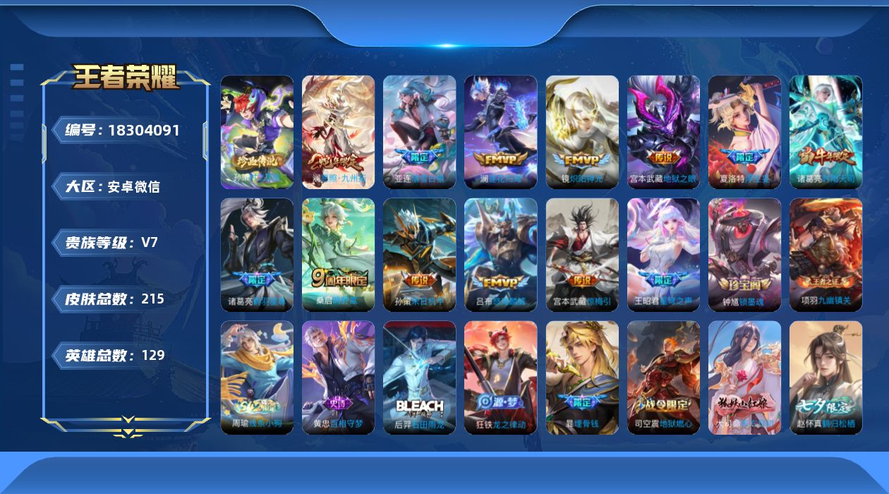 王者荣耀账号安卓VX[18304091]安卓WX-V7-最强王者段位-128英雄-215皮肤-1珍品传说-13传说-58史诗
【英雄全皮】：夏洛特全皮
【珍品传说】：孙策时之奇旅
【传说皮肤】：澜愿照九州拓，桑启鸣野蒿，