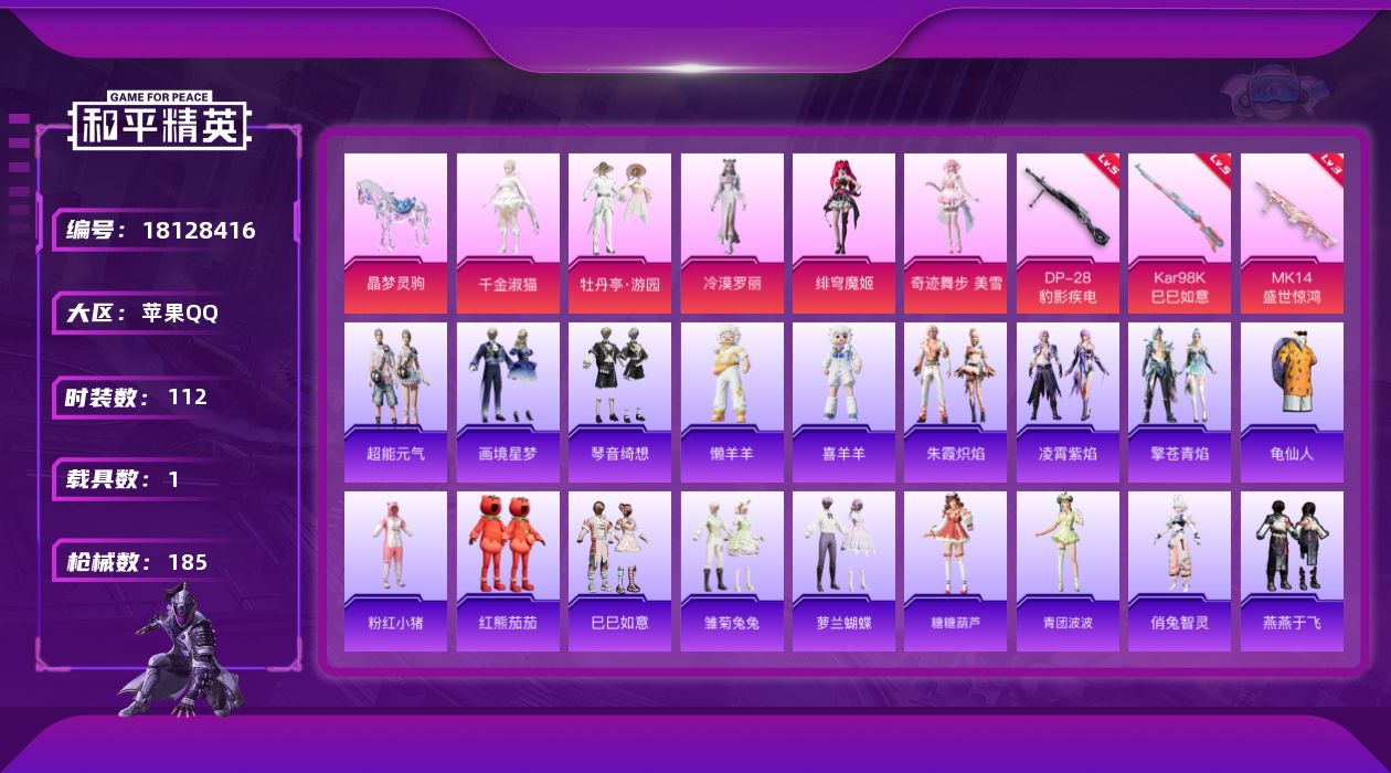和平精英账号苹果QQ[18128416]【特价出售/店主推荐】
苹果 手Q-7粉装-5特效枪-1载具-5粉色飞行器-54273热力值-13王牌印记-112套装-185枪皮【热门品类】：套装-龟仙人，套装-粉红小猪，套装-