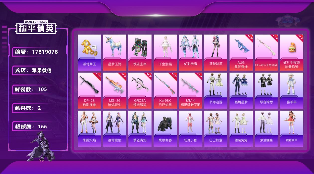 和平精英账号苹果微信[17819078]满级星梦AUG【店主推荐捡漏号！可直接换绑】苹果 微信-无敌战神框-4粉装-11特效枪-2载具-7粉色飞行器-54644热力值-6王牌印记-105套装-166枪皮【热门品类】：套装