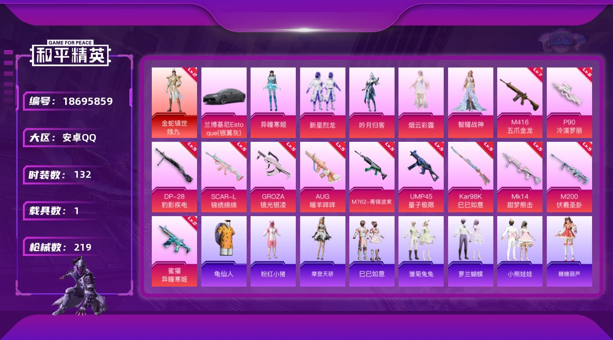和平精英账号安卓QQ[18695859]安卓 手Q-1神装-5粉装-12特效枪-1载具-3粉色飞行器-66139热力值-6王牌印记-132套装-219枪皮
【红色神装等级】：金蛇镇世-烛九(二级)
【红色角色神装】：金蛇