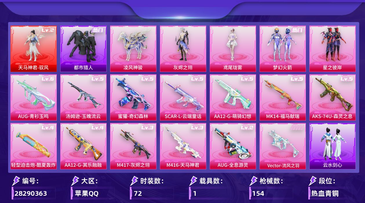 [28290363]梦幻火箭，都市猎人,凌风神骏【特价出售/店主推荐】苹果手Q-历史最高段位：卓越王牌15星-1神装-4粉装-13特效枪-1载具-3粉色飞行器-42961热力值-4王牌印记-72套装-154枪皮
【红色神装等级】：天马神君-驭风(二级)
【红色角色神装】：天马神君-驭风
【热门品类】：粉装-梦幻火箭，套装-浪漫天命，套装-都市猎人
【粉色套装】：角色-灰烬之翎，粉装-梦幻火箭，粉装-星之彼岸，角色-鸢尾珑雾
【粉色枪皮等级】：轻型迫击炮-酷夏轰炸(四级)，SCAR-L-云端童话(五级)，M416-天马神君(三级)，AUG-全息游灵(二级)，AUG-青衫玉鸣(六级)，蜜獾-奇幻森林(五级)，Vector-流风之羽(五级)，汤姆逊-玉魄流云(五级)，AKS-74U-森灵之息(五级)，Mk14-福马献瑞(五级)，M417-灰烬之翎(三级)，AA12-G-萌骑幻想(五级)，AA12-G-其乐融融(四级)
【粉色载具】：凌风神骏
【粉色枪皮】：轻型迫击炮-酷夏轰炸，SCAR-L-云端童话，M416-天马神君，AUG-全息游灵，AUG-青衫玉鸣，蜜獾-奇幻森林，Vector-流风之羽，汤姆逊-玉魄流云，AKS-74U-森灵之息，Mk14-福马献瑞，M417-灰烬之翎，AA12-G-萌骑幻想，AA12-G-其乐融融
【粉色飞行器】：灰烬之翎飞行器，踏卷乘风飞行器
【粉色降落伞】：灰烬之翎降落伞，破风疾驰降落伞，星之彼岸降落伞，洛神天依降落伞，第五大道降落伞，罪夜之冕降落伞，天马神君降落伞，神印王座降落伞，吾皇猫降落伞，陈平安降落伞
【稀有套装】：套装-马上来财，套装-迅捷龙虾，套装-遗迹猎人，套装-云宝联名款，套装-其乐融融，套装-彩旗巡礼，套装-晴夏甜甜，套装-繁花挽春，套装-荒原烈焰，角色-沧漩之缚，套装-云水剑心，套装-破界重生，套装-疾风竞速，套装-画境星梦，套装-琴音绮想，套装-雨过天青，套装-红釉青花，角色-霜纹水星，角色-皓月伶影，套装-锦灰蝶梦，套装-燕雀桃枝，套装-玉兰双鹊，角色-苍鸢海境，角色-狂热音浪，套装-樱桃速写，套装-甜橙彩绘，角色-雅婷，玩偶服-吾皇猫来袭，套装-鲛绡织梦，套装-皎白汐音，套装-沁蓝之约
【稀有枪皮】：AKM-彩虹符号，AKM-影袭，AKM-龙的传人，SCAR-L-夜灯，M416-糯团青竹，GROZA-荧海星豚，AUG-耀粉歌者，AUG