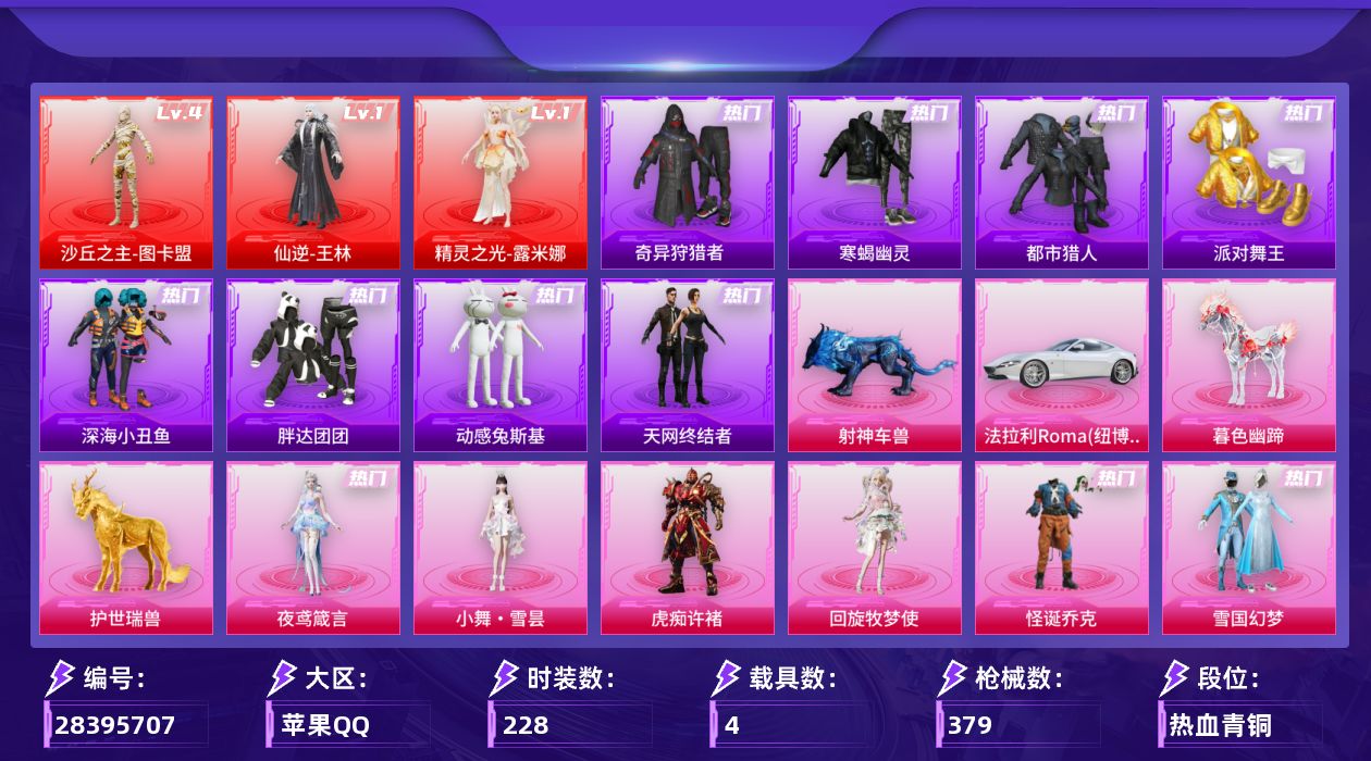 [28395707]苹果手Q-历史最高段位：无敌战神-3神装-13粉装-20特效枪-4载具-19粉色飞行器-124364热力值-15王牌印记-228套装-379枪皮
【红色神装等级】：仙逆-王林(一级)，精灵之光-露米娜(一级)，沙丘之主-图卡盟(四级)
【红色角色神装】：仙逆-王林，精灵之光-露米娜，沙丘之主-图卡盟
【热门品类】：粉装-怪诞乔克，粉装-雪国幻梦，粉装-梦幻火箭，套装-寒蝎幽灵，套装-浪漫天命，套装-都市猎人，套装-派对舞王，套装-深海小丑鱼，套装-小丑鱼，套装-奇异狩猎者，套装-胖达团团，套装-天网终结者，套装-动感兔斯基人偶服，套装-暗夜之虎，套装-龟仙人，套装-萌熊伴侣，套装-软软马卡龙，M416-星际漫游
【粉色套装】：粉装-幻影战神，粉装-怪诞乔克，粉装-雪国幻梦，粉装-梦幻火箭，粉装-放客神游，粉装-星之彼岸，女娲后裔-赵灵儿，粉装-天星战神，角色-樱桃泡泡，角色-回旋牧梦使，人物-小舞·雪昙，角色-虎痴许褚，角色-夜鸢箴言
【粉色枪皮等级】：UMP45-霜月狼主(三级)，AKM-炫紫旋律(一级)，AKM-白勺歌姬(五级)，SCAR-L-梦幻火箭(五级)，M416-至情至圣(八级)，AUG-星之彼岸(一级)，AUG-星梦奇缘(六级)，ACE32-萌骑漫游(五级)，汤姆逊-玉魄流云(三级)，AKS-74U-森灵之息(五级)，P90-沙丘之主(三级)，Kar98K-巳巳如意(五级)，Mk14-福马献瑞(五级)，AA12-G-其乐融融(五级)，DP-28-豹影疾电(五级)，MG3-洛神天依(四级)，97MG-夜鸢箴言(四级)，燃烧瓶-薄荷可可(五级)，破片手榴弹-热量炸弹(七级)
【粉色载具】：法拉利Roma（纽博格林银），护世瑞兽，暮色幽蹄，射神车兽
【粉色枪皮】：AKM-炫紫旋律，AKM-白勺歌姬，SCAR-L-梦幻火箭，M416-至情至圣，AUG-星之彼岸，AUG-星梦奇缘，ACE32-萌骑漫游，UMP45-霜月狼主，汤姆逊-玉魄流云，AKS-74U-森灵之息，P90-沙丘之主，Kar98K-巳巳如意，Mk14-福马献瑞，AA12-G-其乐融融，DP-28-豹影疾电，MG3-洛神天依，97MG-夜鸢箴言，烟雾弹-猫咪绅士，燃烧瓶-薄荷可可，破片手榴弹-热量炸弹
【粉色飞行器】：酣梦熊熊飞行器，香车宝马飞行器，炫彩糖果飞行器，满月旋律飞行器，灰烬之翎飞行器