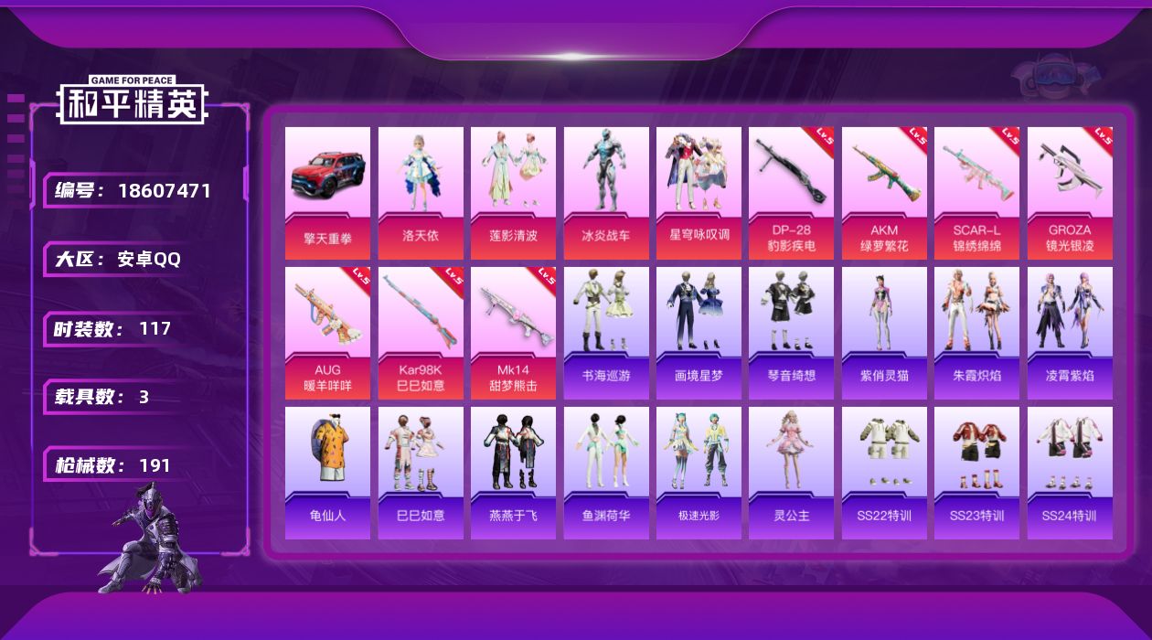 和平精英账号安卓QQ[18607471]可二次【特价出售/店主推荐6粉装/9特效枪-热门套装龟仙人/洛天依】安卓 手Q-6粉装-9特效枪-3载具-4粉色飞行器-56106热力值-7王牌印记-117套装-191枪皮【热门品