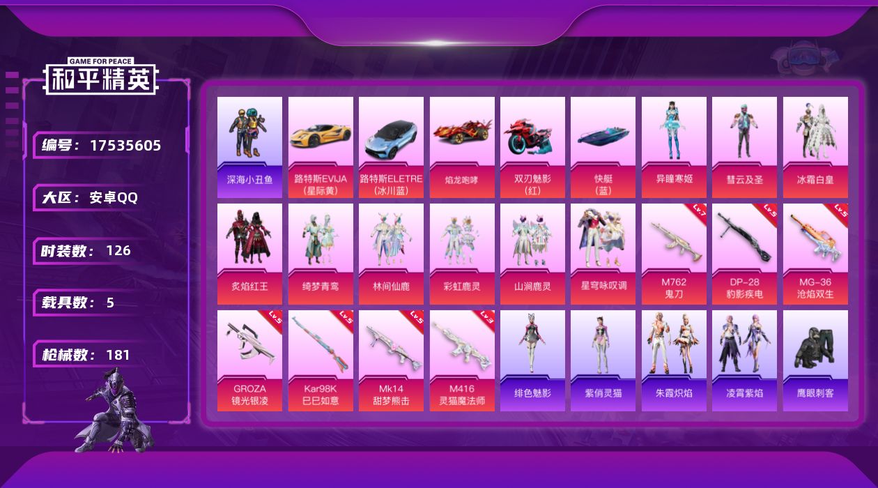 和平精英账号安卓QQ[17535605]安卓 手Q-10粉装-11特效枪-5载具-8粉色飞行器-60710热力值-5王牌印记-126套装-181枪皮
【热门品类】：套装-浪漫天命，套装-深海小丑鱼，套装-AG战队服，套装