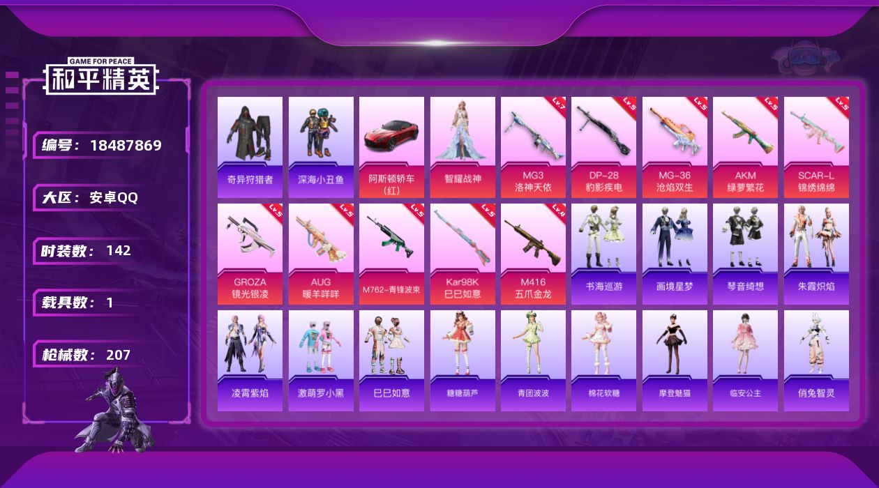 和平精英账号安卓QQ[18487869]安卓 手Q-1粉装-11特效枪-1载具-2粉色飞行器-64410热力值-9王牌印记-142套装-207枪皮
【热门品类】：套装-深海小丑鱼，套装-奇异狩猎者
【粉色套装】：角色-智