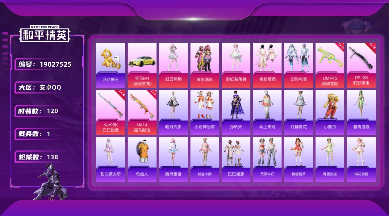 和平精英账号安卓QQ[19027525]安卓 手Q-5粉装-4特效枪-1载具-2粉色飞行器-43424热力值-8王牌印记-120套装-138枪皮
【热门品类】：粉装-缤纷油彩，套装-派对舞王，套装-龟仙人
【粉色套装】：