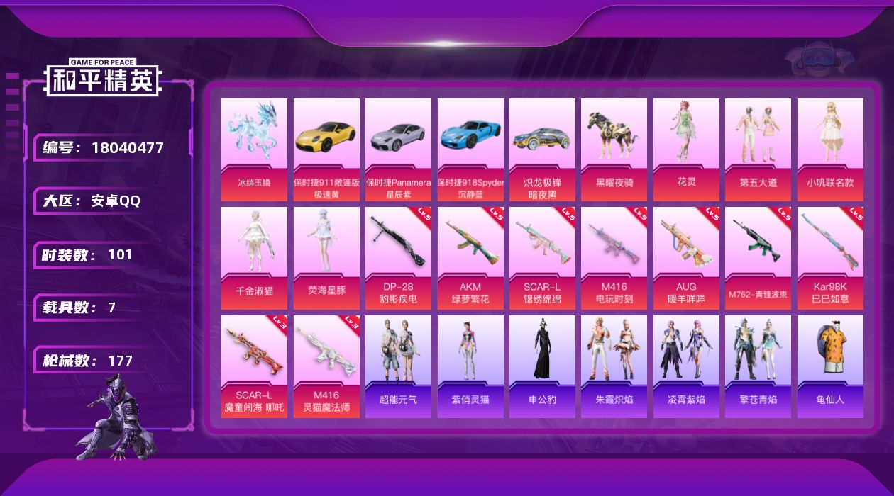 和平精英账号安卓QQ[18040477]【特价出售/店主推荐】安卓 手Q-5粉装-11特效枪-7载具-5粉色飞行器-61999热力值-10王牌印记-101套装-177枪皮【热门品类】：套装-龟仙人【粉色套装】：粉装-第五