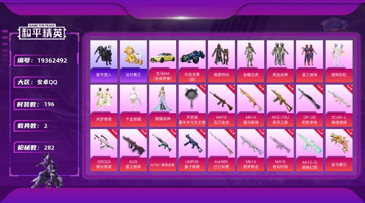 和平精英账号安卓QQ[19362492]安卓 手Q-8粉装-15特效枪-2载具-3粉色飞行器-84483热力值-15王牌印记-196套装-282枪皮
【热门品类】：套装-浪漫天命，套装-都市猎人，套装-派对舞王，套装-龟