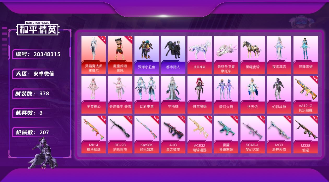 和平精英账号安卓微信[20348315]实名: 可修改 时装数: 378 载具数: 3 枪械数: 207 战备数: 13