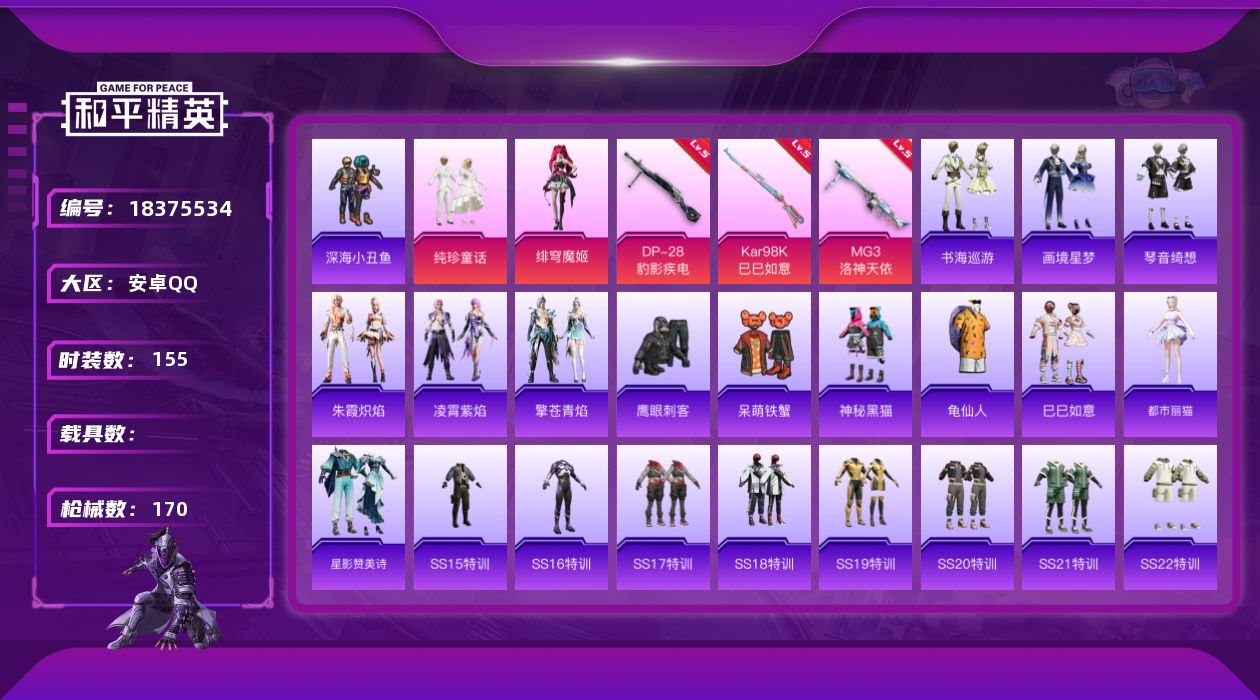 和平精英账号安卓QQ[18375534]安卓 手Q-5粉装-4特效枪-0载具-1粉色飞行器-51947热力值-6王牌印记-155套装-170枪皮
【热门品类】：套装-深海小丑鱼，套装-龟仙人
【粉色套装】：粉装-纯珍童话