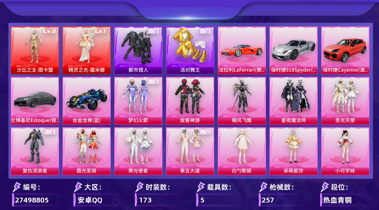 和平精英账号安卓QQ[27498805]【1626】173套装/枪械15/装备353/载具5/战备190/王牌印记15/热力值96427/梦幻火箭背包(1级)/甜心宝贝背包(2级)/梦幻火箭头盔(3级)/梦幻火箭头盔(1