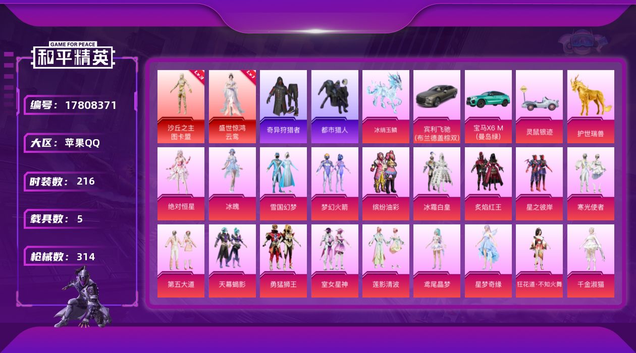 和平精英账号苹果QQ[17808371]满级m4女娲【店主推荐捡漏号！可直接换绑】苹果 手Q-2神装-27粉装-18特效枪-5载具-12粉色飞行器-120686热力值-19王牌印记-216套装-314枪皮【红色神装等级】