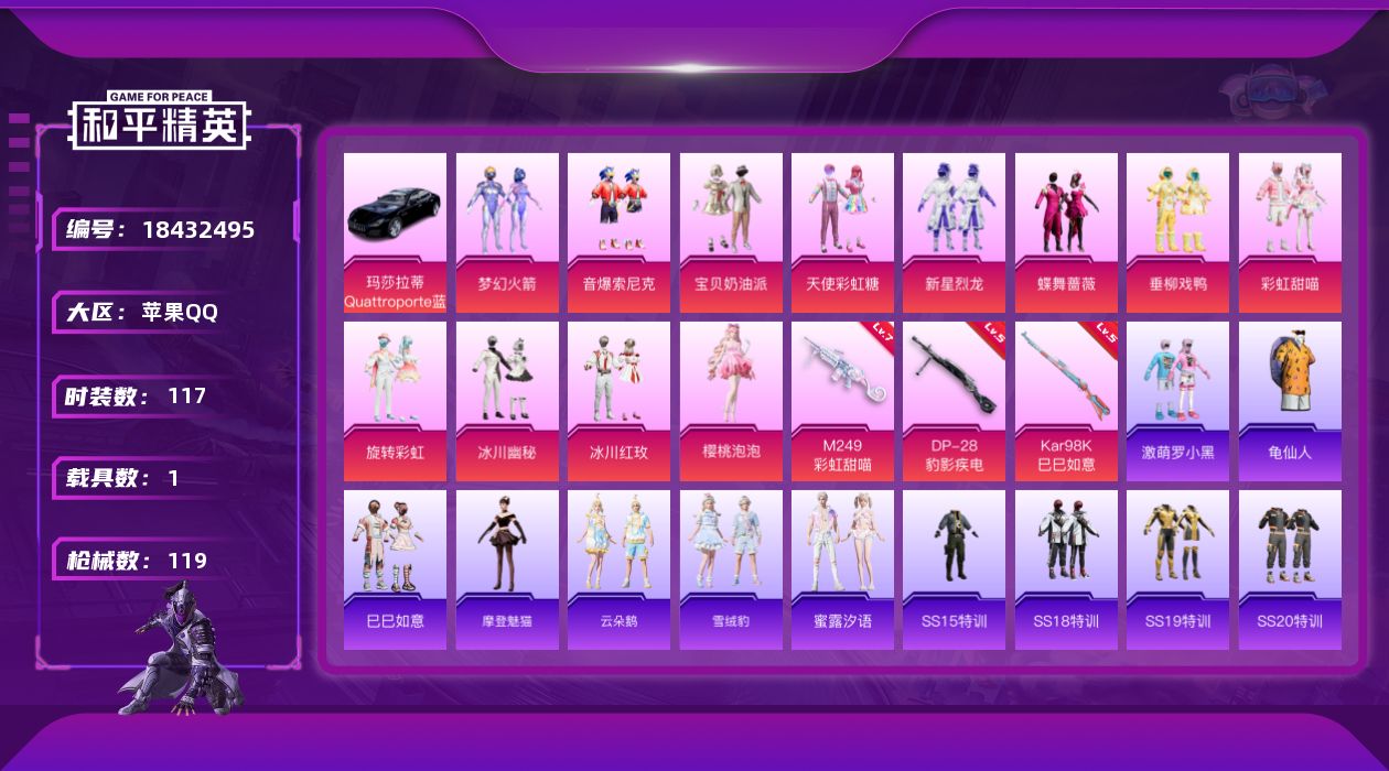 和平精英账号苹果QQ[18432495]苹果 手Q-12粉装-3特效枪-1载具-1粉色飞行器-43221热力值-9王牌印记-117套装-119枪皮
【热门品类】：粉装-梦幻火箭，粉装-音爆索尼克，套装-龟仙人
【粉色套装