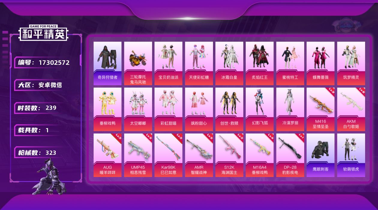 和平精英账号安卓微信[17302572]实名: 不可修改 时装数: 239 载具数: 1 枪械数: 323 战备数: 231 热门装扮: 奇异狩猎者,宝贝奶油派,天使彩虹糖,鹰眼刺客,炙焰红王,冰霜白皇,蜜桃特工,蝶舞蔷