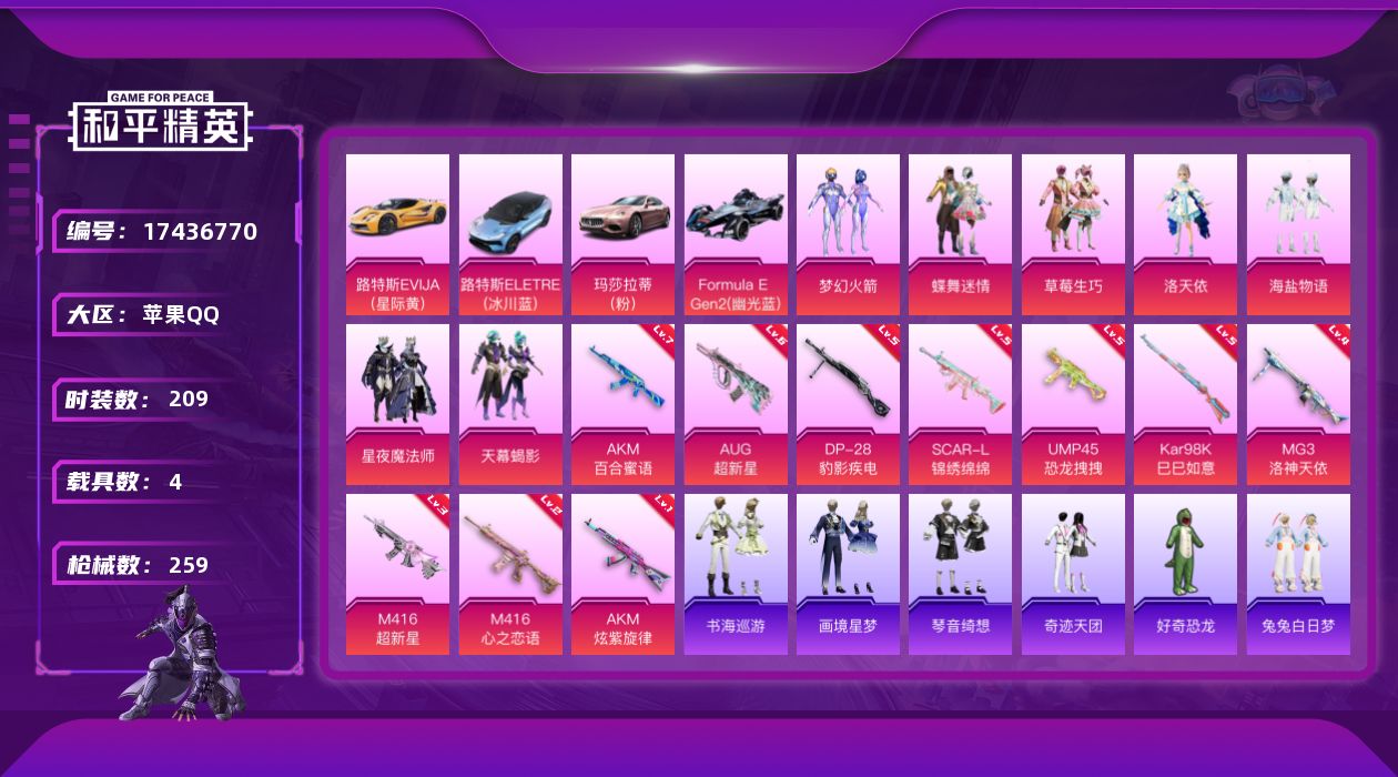 和平精英账号苹果QQ[17436770]【特价出售/店主推荐】
苹果 手Q-7粉装-13特效枪-4载具-7粉色飞行器-92564热力值-6王牌印记-209套装-259枪皮
【热门品类】：粉装-梦幻火箭，套装-金羽特工，套