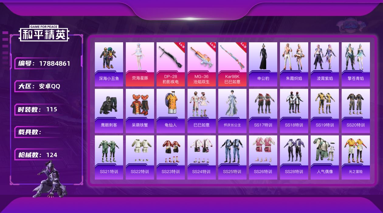 和平精英账号安卓QQ[17884861]【特价出售/店主推荐】安卓 手Q-1粉装-5特效枪-1粉色飞行器-33551热力值-5王牌印记-115套装-124枪皮
【热门品类】：套装-深海小丑鱼，套装-龟仙人
【粉色套装】：