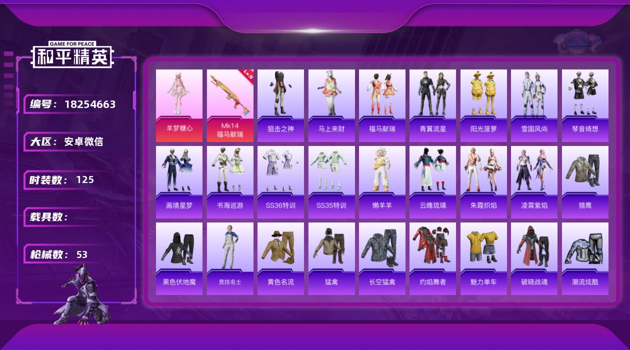 和平精英账号安卓微信1粉装 1特效枪 2印记 可二次 可修改实名 
【热门装扮】羊梦糖心
【稀有枪皮】14-福马献瑞
【