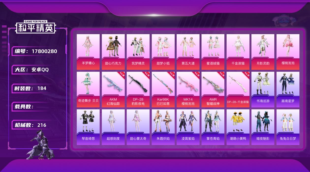 和平精英账号安卓QQ[17800280]安卓 手Q-13粉装-9特效枪-0载具-3粉色飞行器-71637热力值-13王牌印记-184套装-216枪皮
【热门品类】：套装-龟仙人，套装-潮萌小黄鸭，套装-粉红小猪
【粉色套