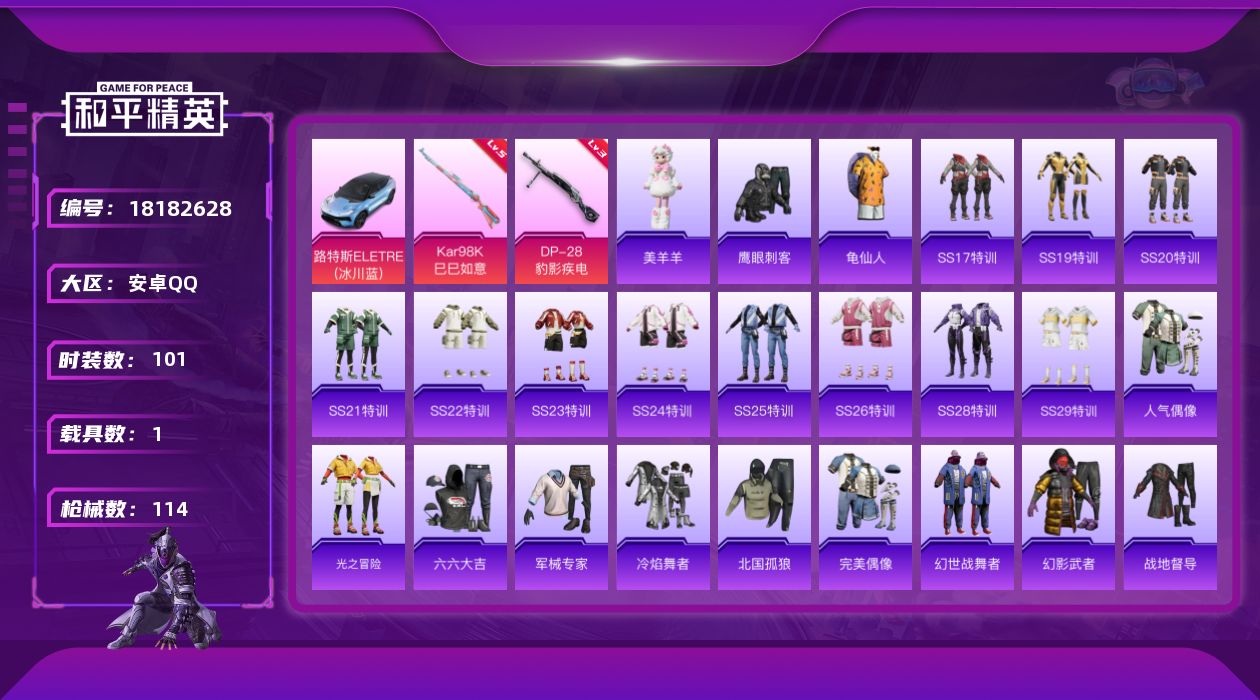 和平精英账号安卓QQ[18182628]安卓 手Q-0粉装-2特效枪-1载具-0粉色飞行器-32910热力值-3王牌印记-101套装-114枪皮
【热门品类】：套装-龟仙人
【粉色枪皮等级】：Kar98K-巳巳如意(五级