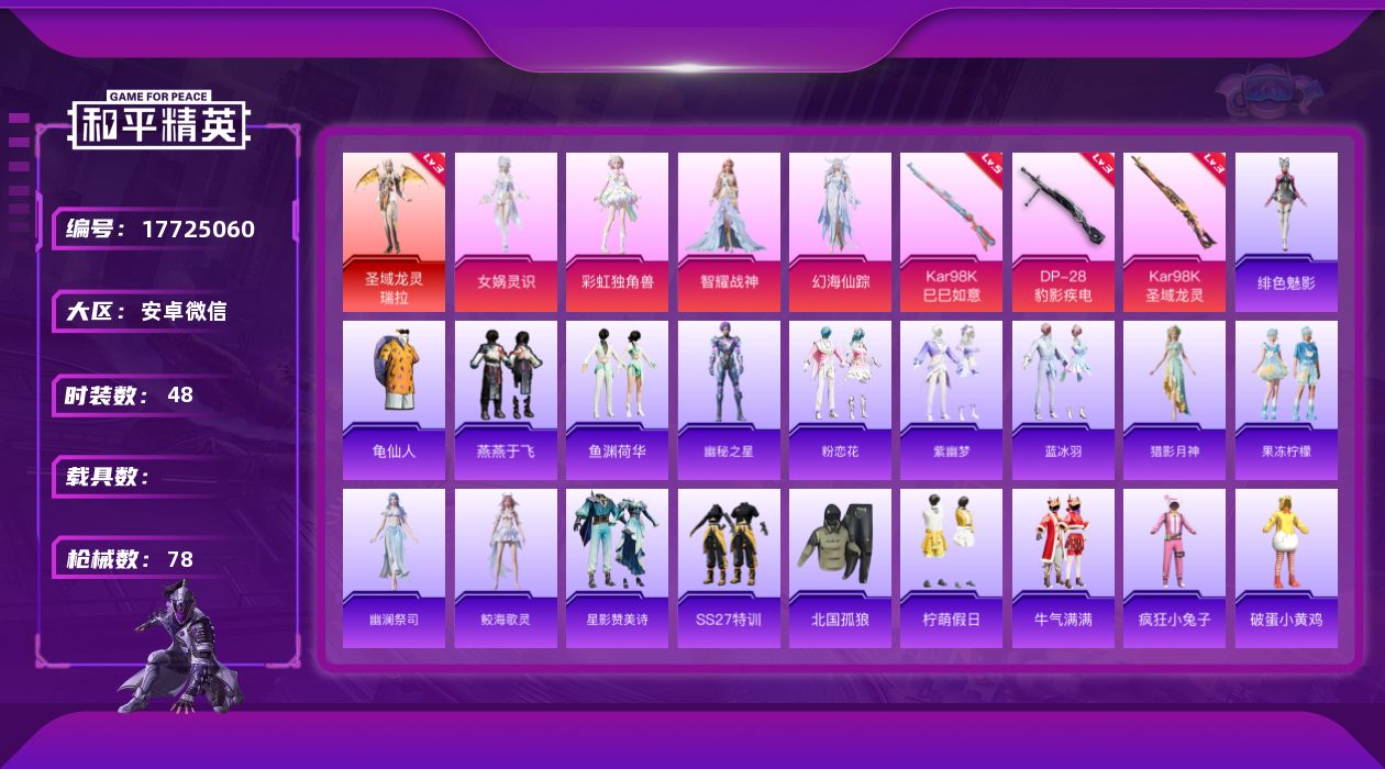 和平精英账号安卓微信[17725060]【特价出售/店主推荐】安卓 微信-1神装-4粉装-3特效枪-0载具-3粉色飞行器-27043热力值-1王牌印记-48套装-78枪皮【红色神装等级】：圣域龙灵-瑞拉(三级)【红色角色