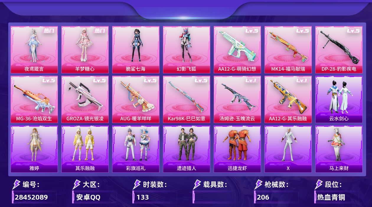 [28452089]安卓手Q-历史最高段位：传奇王牌11星-4粉装-9特效枪-4粉色飞行器-50523热力值-5王牌印记-133套装-206枪皮
【粉色套装】：角色-脆鲨七海，粉装-幻影飞狐，角色-羊梦糖心，角色-夜鸢箴言
【粉色枪皮等级】：GROZA-镜光银凌(五级)，AUG-暖羊咩咩(五级)，汤姆逊-玉魄流云(一级)，Kar98K-巳巳如意(五级)，Mk14-福马献瑞(五级)，AA12-G-萌骑幻想(五级)，AA12-G-其乐融融(一级)，DP-28-豹影疾电(五级)，MG-36-沧焰双生(五级)
【粉色枪皮】：GROZA-镜光银凌，AUG-暖羊咩咩，汤姆逊-玉魄流云，Kar98K-巳巳如意，Mk14-福马献瑞，AA12-G-萌骑幻想，AA12-G-其乐融融，DP-28-豹影疾电，MG-36-沧焰双生
【粉色飞行器】：绝对恒星飞行器，炫彩糖果飞行器，镜光幻境飞行翼，脆鲨七海飞行器
【粉色降落伞】：绝对恒星降落伞，暗夜玫瑰降落伞，炫光之旅降落伞，脆鲨七海降落伞，冷漠罗丽降落伞，无垠阁降落伞，魔童闹海 敖丙降落伞，炫彩糖果降落伞，镜花水月降落伞
【稀有套装】：套装-绒宝小鹅，套装-巳巳如意，套装-超能元气，角色-超感刻度，角色-甜心蒙太奇，套装-雪国风尚，套装-炫彩糖果，角色-X，套装-马上来财，套装-迅捷龙虾，套装-遗迹猎人，套装-其乐融融，套装-彩旗巡礼，套装-恋语绒绒，套装-荒原烈焰，套装-云水剑心，套装-冰河战士，套装-香桃花海，套装-燕燕于飞，套装-鱼渊荷华，角色-海琴烟，玩偶服-小狗蛇点点，套装-粉恋花，套装-紫幽梦，套装-蓝冰羽，角色-猎影月神，套装-星影赞美诗，玩偶服-喜羊羊，角色-紫俏灵猫，角色-月烬之祷，套装-粉彩缠枝，套装-雨过天青，套装-红釉青花，角色-雅婷
【稀有枪皮】：AUG-冰晶雪宝，AKM-破晓战魂，AKM-龙的传人，M16A4-幻世战舞者，M16A4-蓝色火焰，SCAR-L-夜灯，SCAR-L-炫彩节奏，SCAR-L-红色方程式，SCAR-L-小狗蛇点点，M416-红色方程式，M416-蓝色火焰，M416-黄金龙骨，M416-萌萌史莱姆，GROZA-影袭，AUG-天降萌叽，AUG-耀粉歌者，AUG-绝对恒星，QBZ-彩虹符号，QBZ-洛神天依，M762-天降萌叽，M762-彩虹符号，G36C-星穹咏叹调，蜜獾-天降萌叽，UZI-啾咪啾咪，UZI-天降