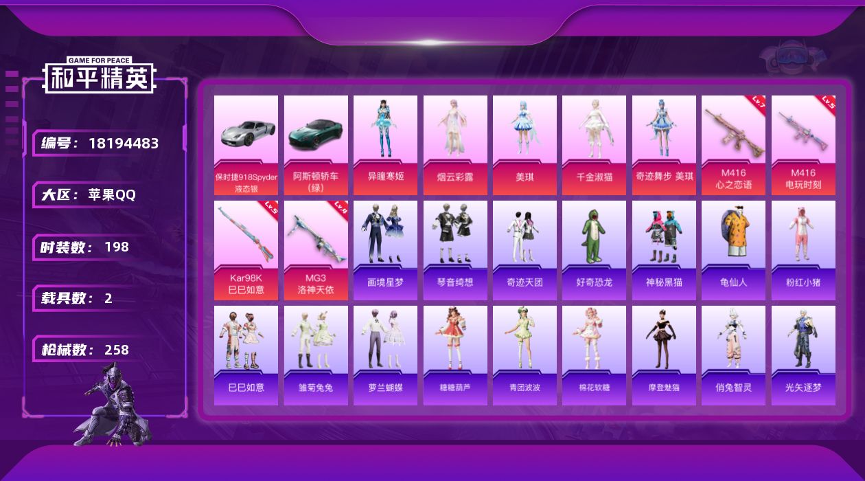 和平精英账号苹果QQ[18194483]【特价出售/店主推荐】苹果 手Q-12粉装-7特效枪-2载具-4粉色飞行器-84343热力值-6王牌印记-198套装-258枪皮【热门品类】：套装-龟仙人，套装-粉红小猪【粉色套装