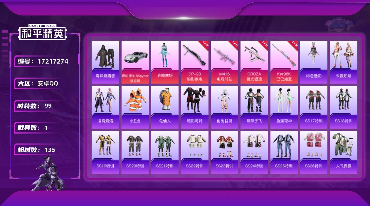 和平精英账号安卓QQ[17217274]安卓 手Q-2粉装-5特效枪-1载具-2粉色飞行器-36950热力值-2王牌印记-99套装-135枪皮
【热门品类】：套装-小丑鱼，套装-奇异狩猎者，套装-龟仙人，套装-暗影哥特
