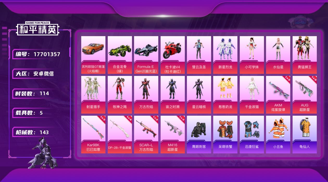 和平精英账号安卓微信[17701357]【店主特别推荐】安卓 微信-12粉装-8特效枪-5载具-3粉色飞行器-53688热力值-5王牌印记-114套装-143枪皮
【热门品类】：套装-小丑鱼，套装-龟仙人，大砍刀-青龙偃