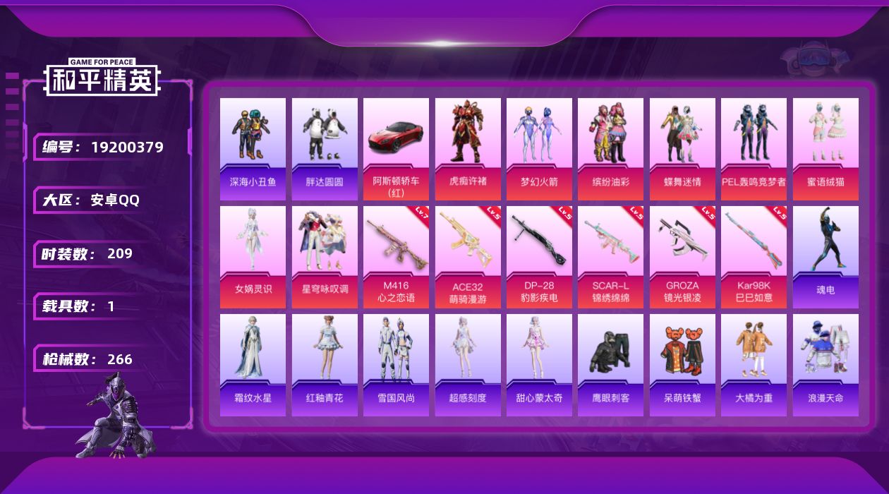 和平精英账号安卓QQ[19200379]209套装/枪械6/装备350/载具1/战备206/王牌印记20/热力值87701/五级SCAR-L-锦绣绵绵/七级M416-心之恋语/五级GROZA-镜光银凌/五级ACE32-萌