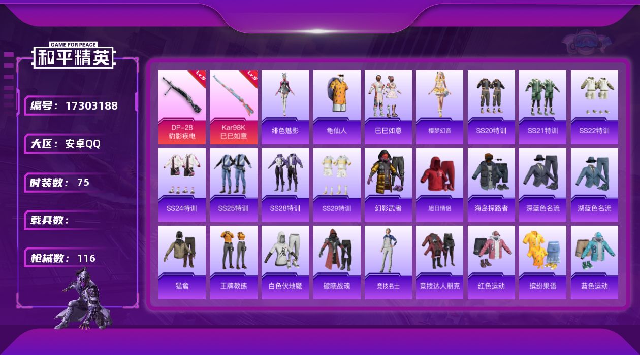 和平精英账号安卓QQ[17303188]可二次【特价出售/店主推荐】安卓 手Q-1粉装-4特效枪-0载具-1粉色飞行器-28138热力值-3王牌印记-75套装-116枪皮
【热门品类】：套装-龟仙人
【粉色套装】：角色-