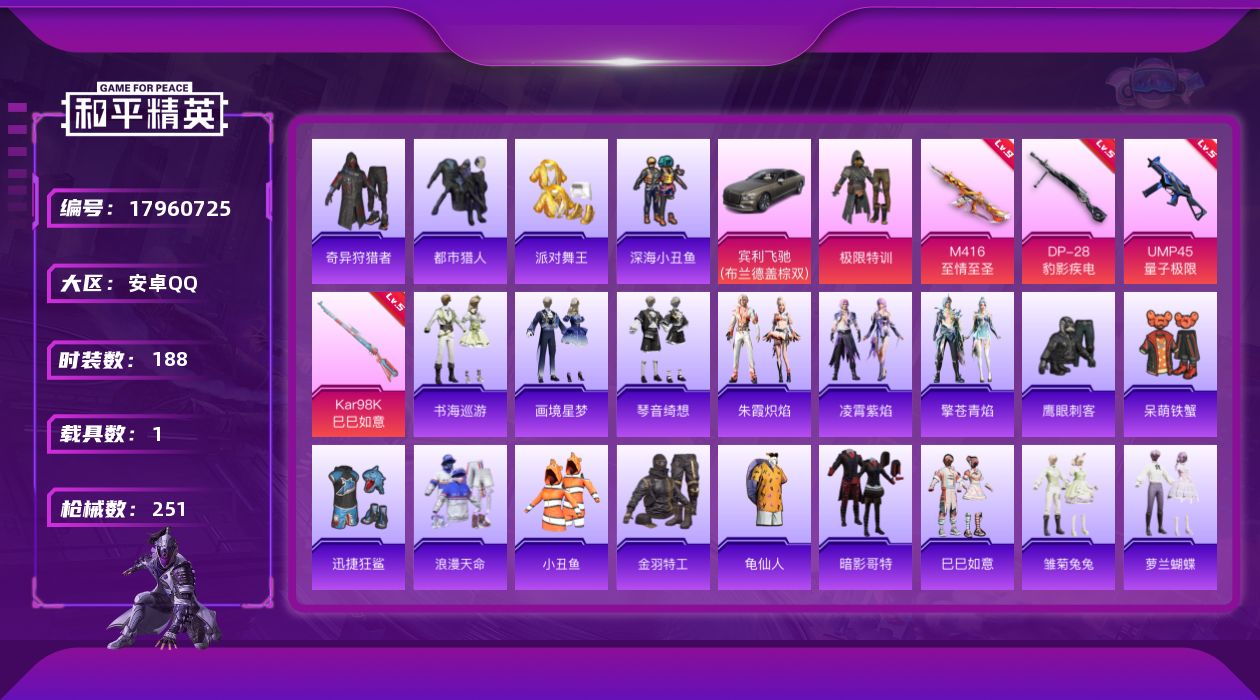 和平精英账号安卓QQ[17960725]安卓 手Q-1粉装-7特效枪-1载具-2粉色飞行器-70549热力值-21王牌印记-188套装-251枪皮
【热门品类】：套装-浪漫天命，套装-都市猎人，套装-派对舞王，套装-深海