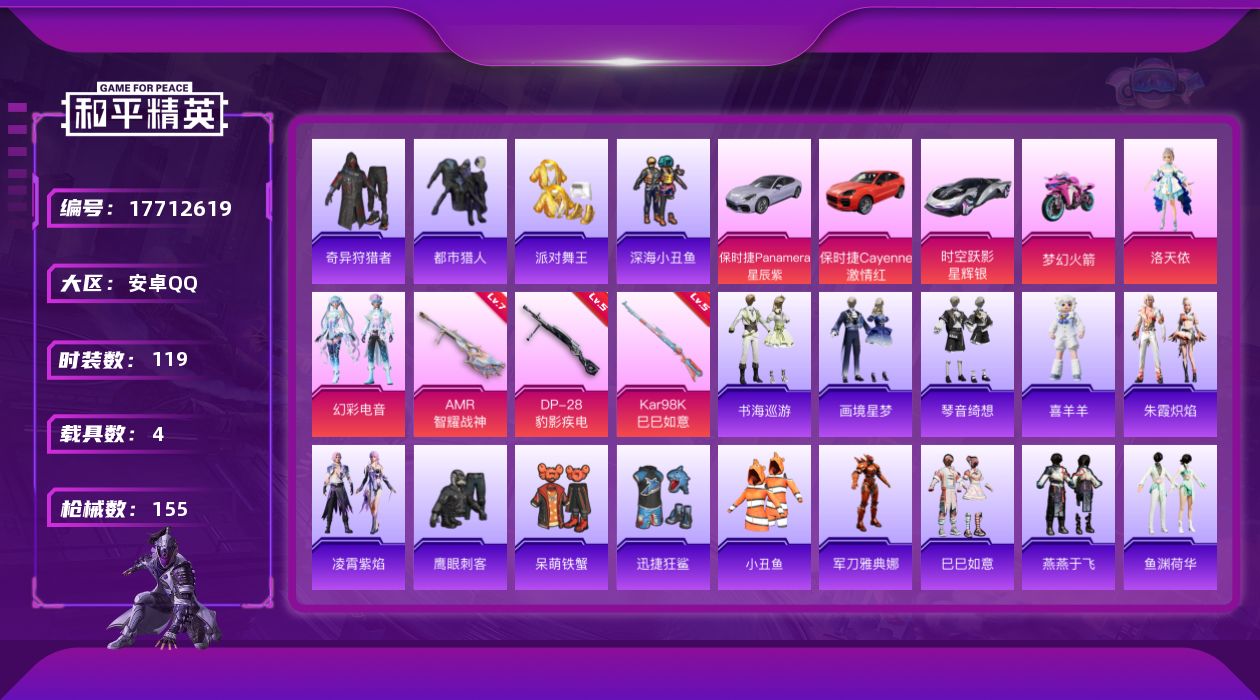 和平精英账号安卓QQ[17712619]【特价出售/店主推荐】安卓 手Q-2粉装-6特效枪-4载具-2粉色飞行器-46982热力值-5王牌印记-119套装-155枪皮【热门品类】：套装-都市猎人，套装-派对舞王，套装-深